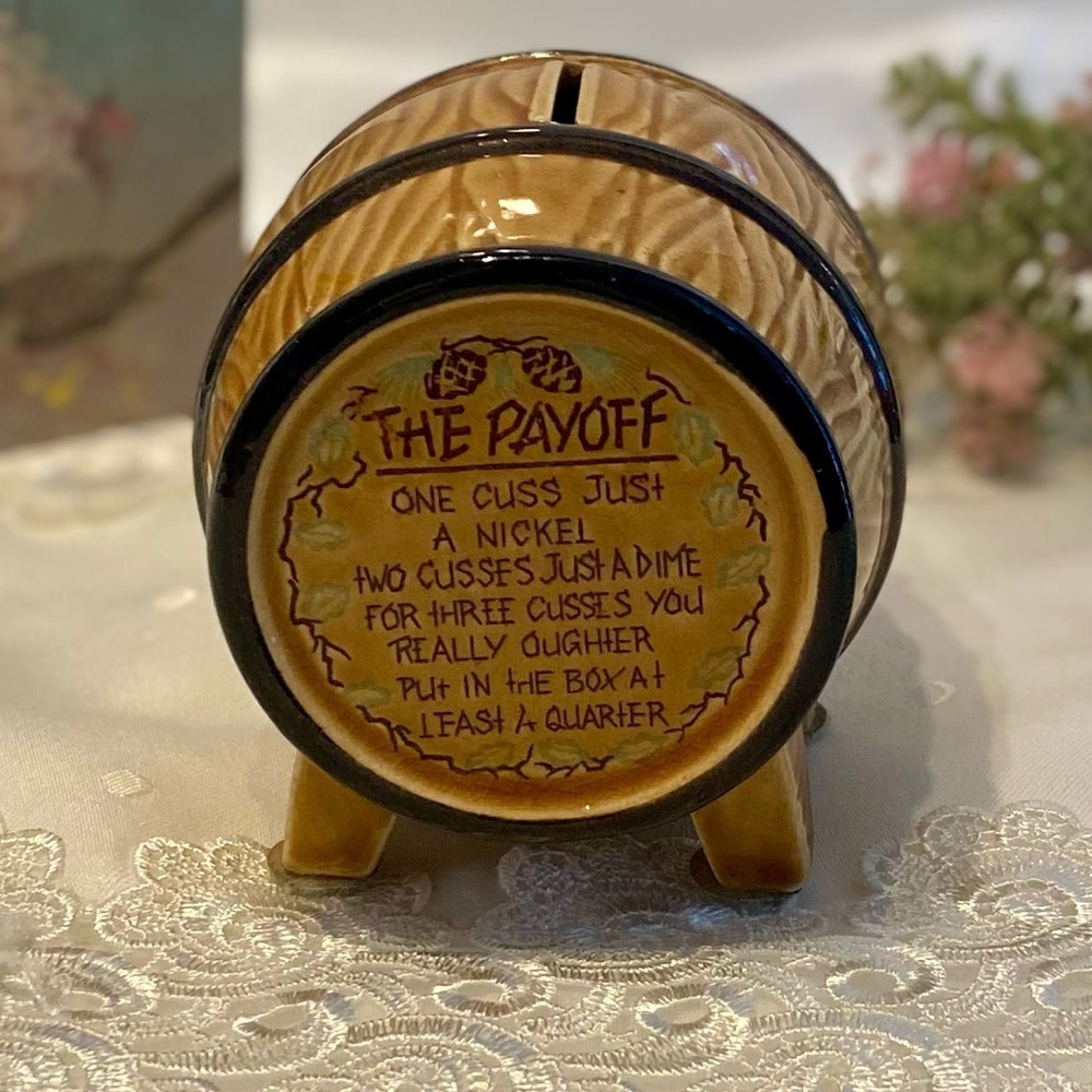 Vintage glazed ceramic Beer Barrel “Cuss‎ Box” “swear jar” piggy bank (humour)
